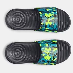 6Y Under Armour UA Black and lime & Teal Slide Sandals